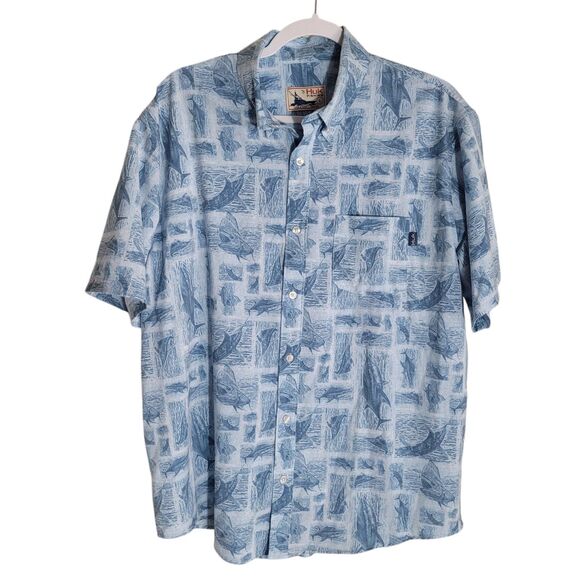 Huk KC Kona Stamped Shirt Men's Size Large Blue Button Up Fishing Outdoor Top - Picture 1 of 11